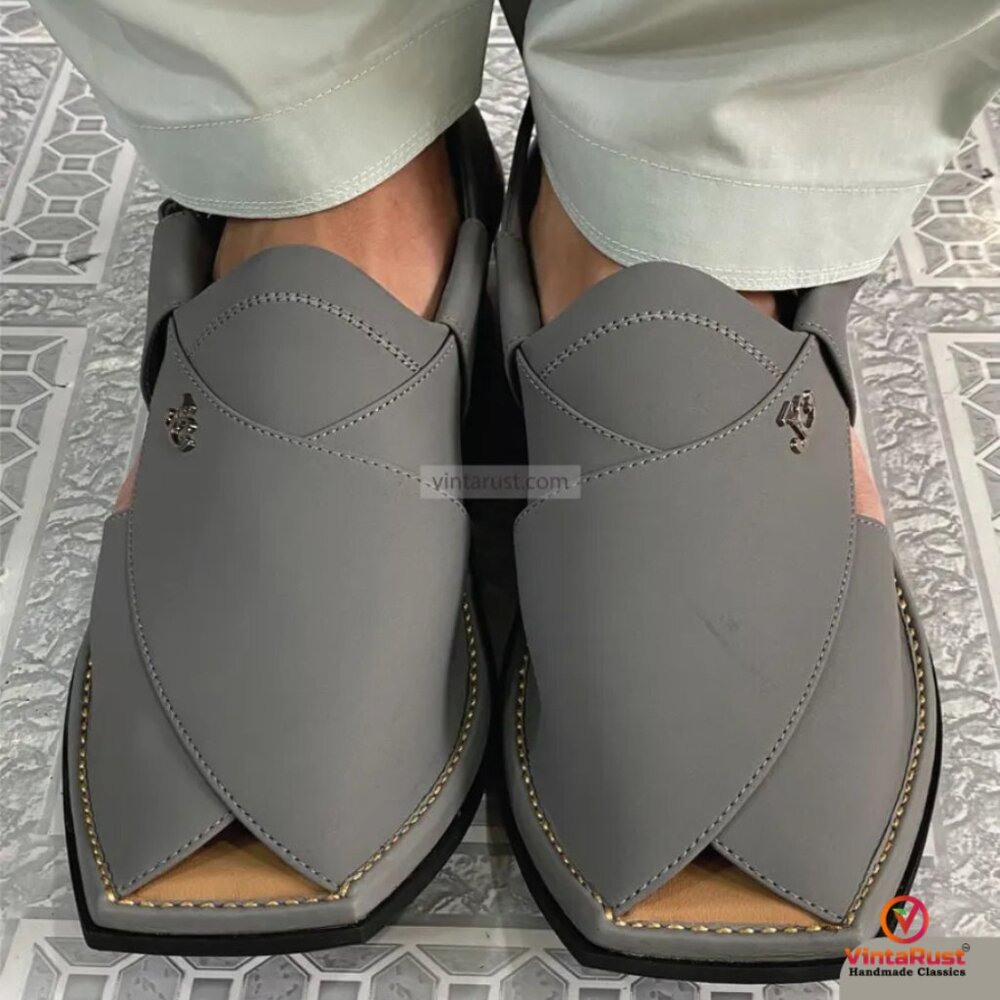 Handmade Grey Leather Kaptaan Chappal: Peshawari Style Sandals